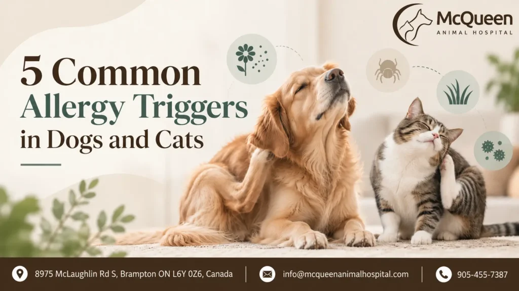 Veterinarian examining a dog and cat for possible allergy symptoms